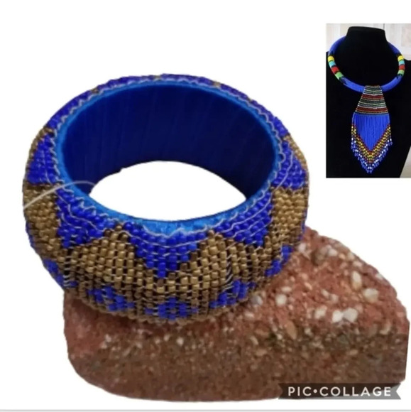 Beaded  blue‎ / gold Tribal bangle New - Picture 1 of 7